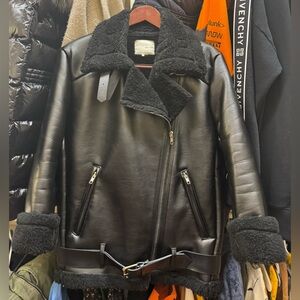 OAK + FORT Black Leather Jacket with Shearling Trim
